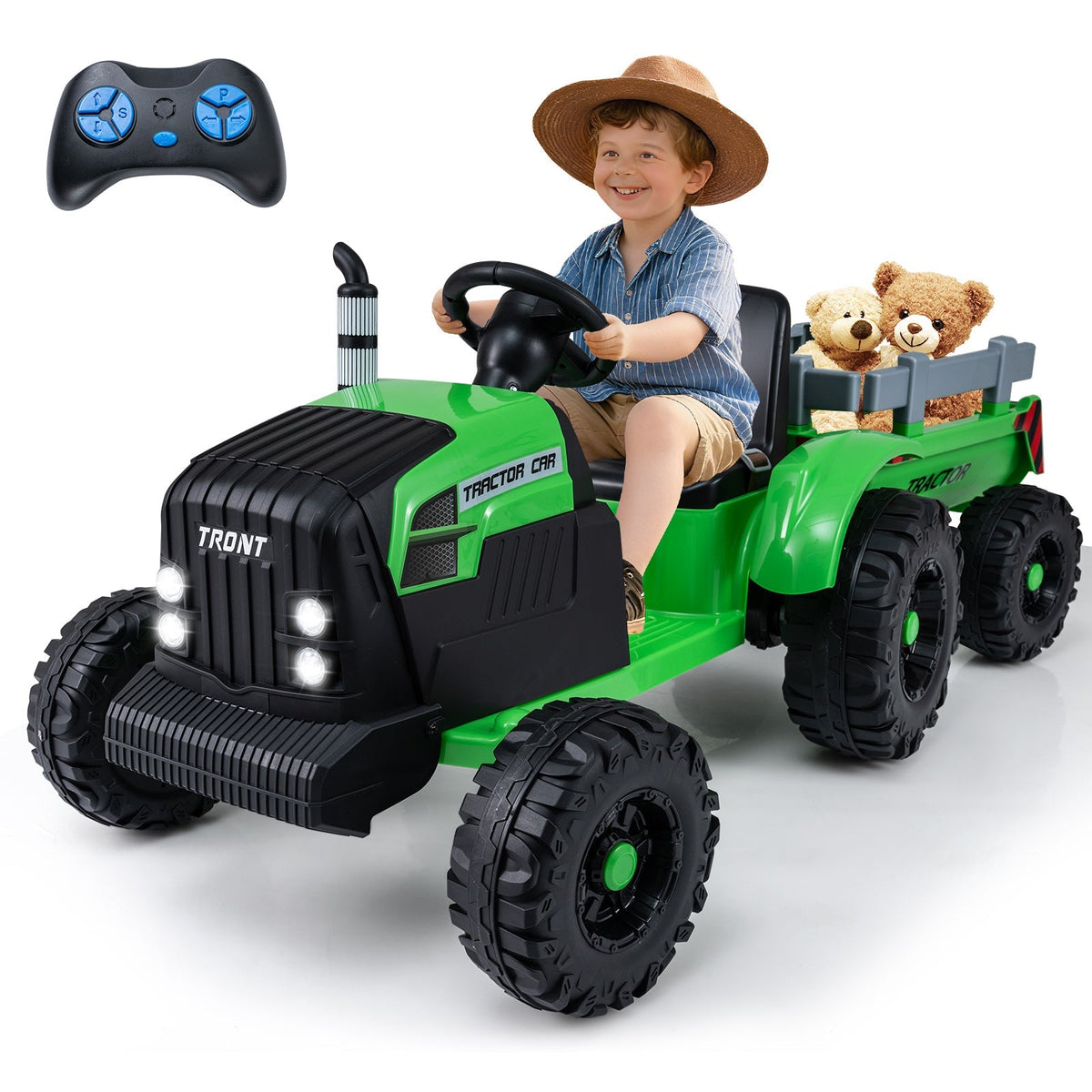 Kids' 24V electric ride-on tractor by GBruno Store with detachable trailer and remote control, suitable for outdoor play.