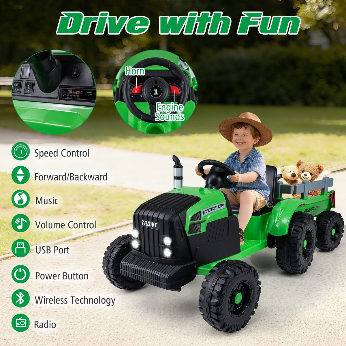 Kids riding a 24V electric ride-on tractor with a detachable trailer and remote control, designed for children’s outdoor play.