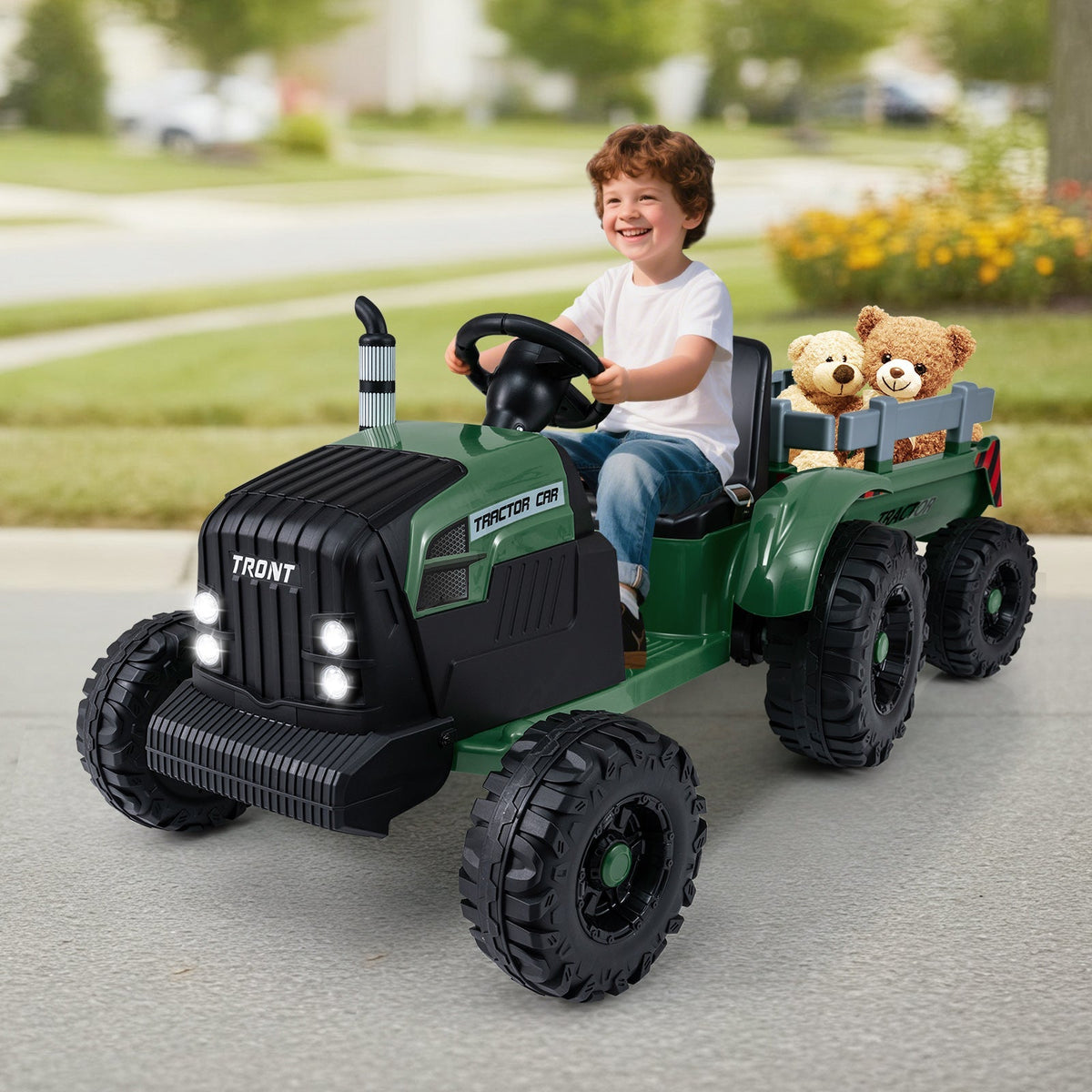 Kids' 24V ride-on tractor by GBruno Store with detachable trailer and remote control, designed for outdoor play and driving fun.