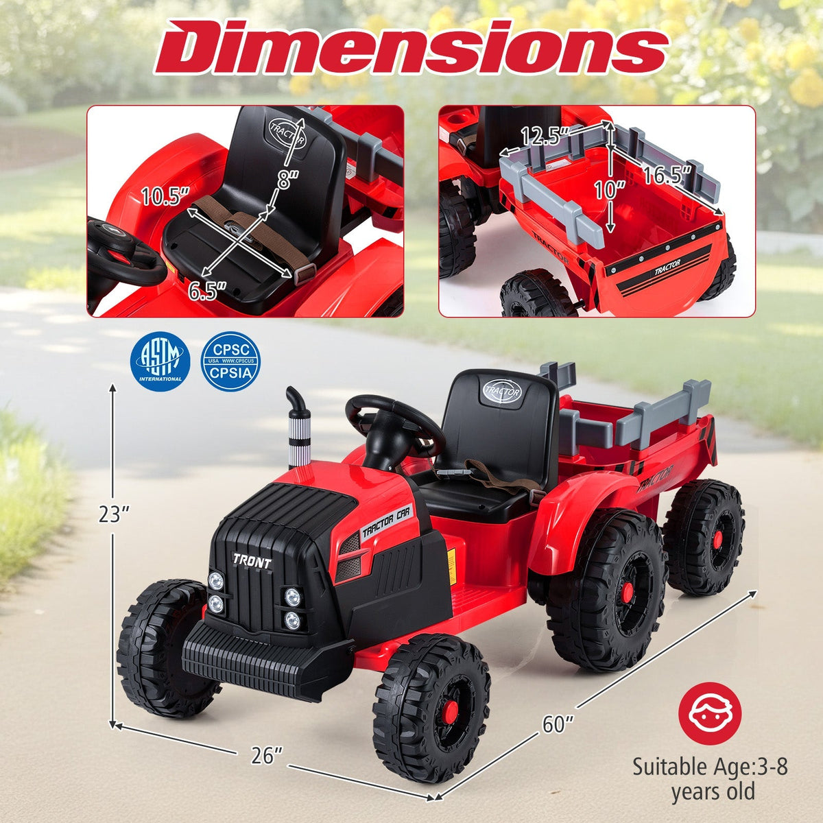 Kids riding a 24V electric ride-on tractor with a detachable trailer and remote control, designed for outdoor play.