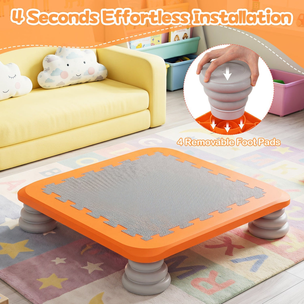 Kids mini trampoline with a 25.5-inch diameter, non-slip foot pads, ideal for children’s active play and exercise.