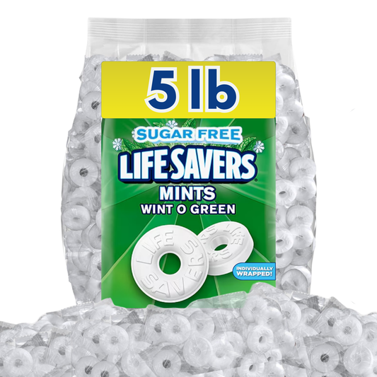 Life Savers Sugar Free Wint-O-Green mints in bulk bag, showing bright green mint candies with distinctive packaging.