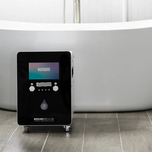 Echo Water Revive Hydrogen Bath Water Machine displaying its sleek design and control panel for hydrogen infusion at home.