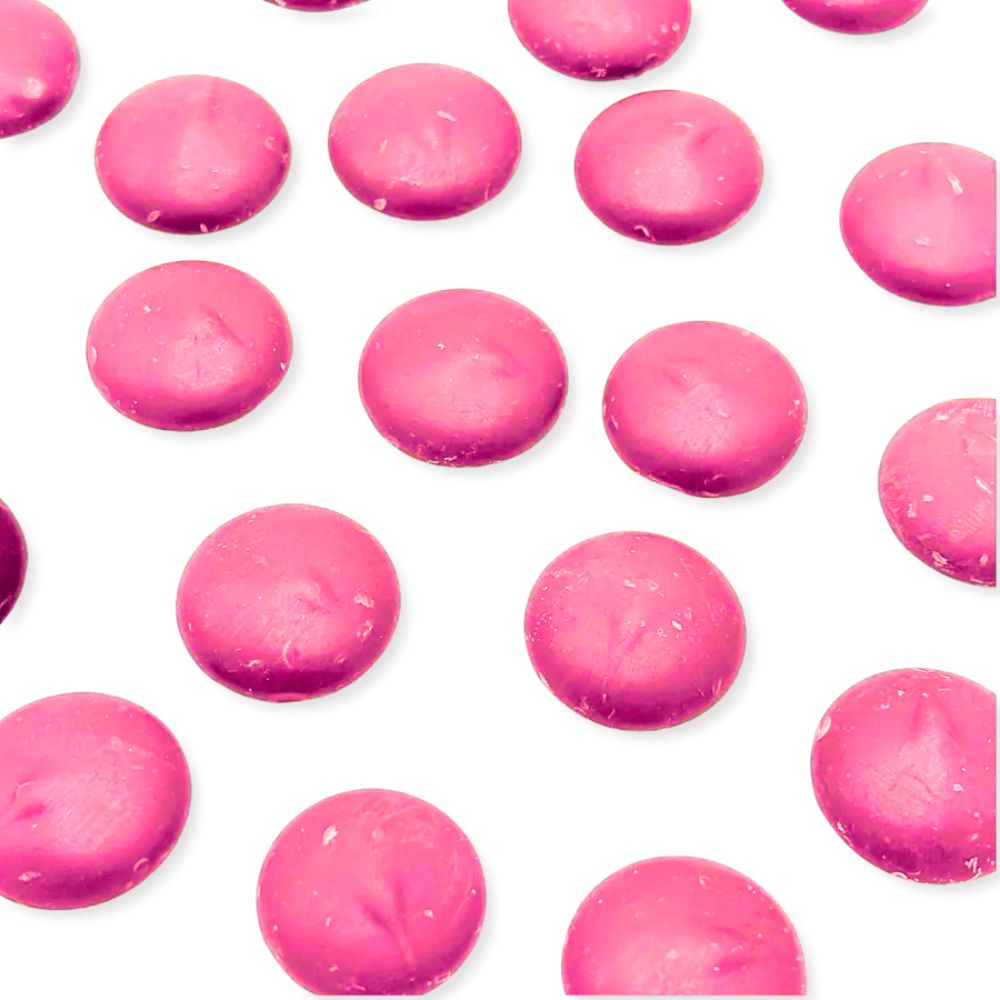 Pink vanilla-flavored candy coating and melting wafers in a bulk bag, ideal for chocolate coating and cake decorating.