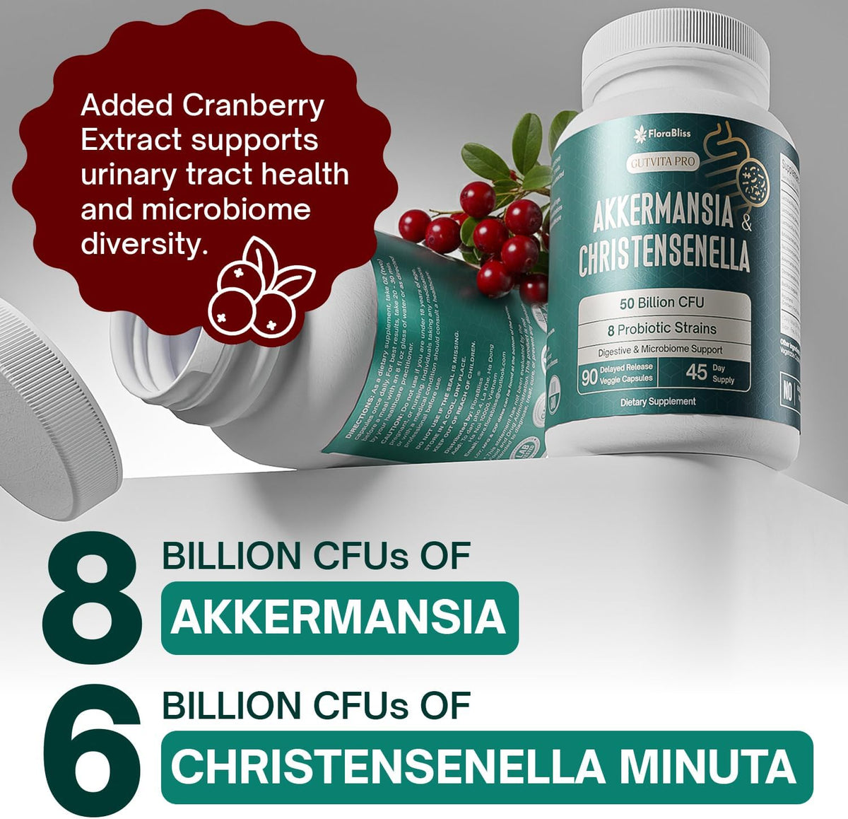 Christensenella Minuta and Akkermansia, Bifidobacterium longum, 8 Probiotic Strains, 50 Billion CFU with Cranberry Extract, Gut Health & Immune Support