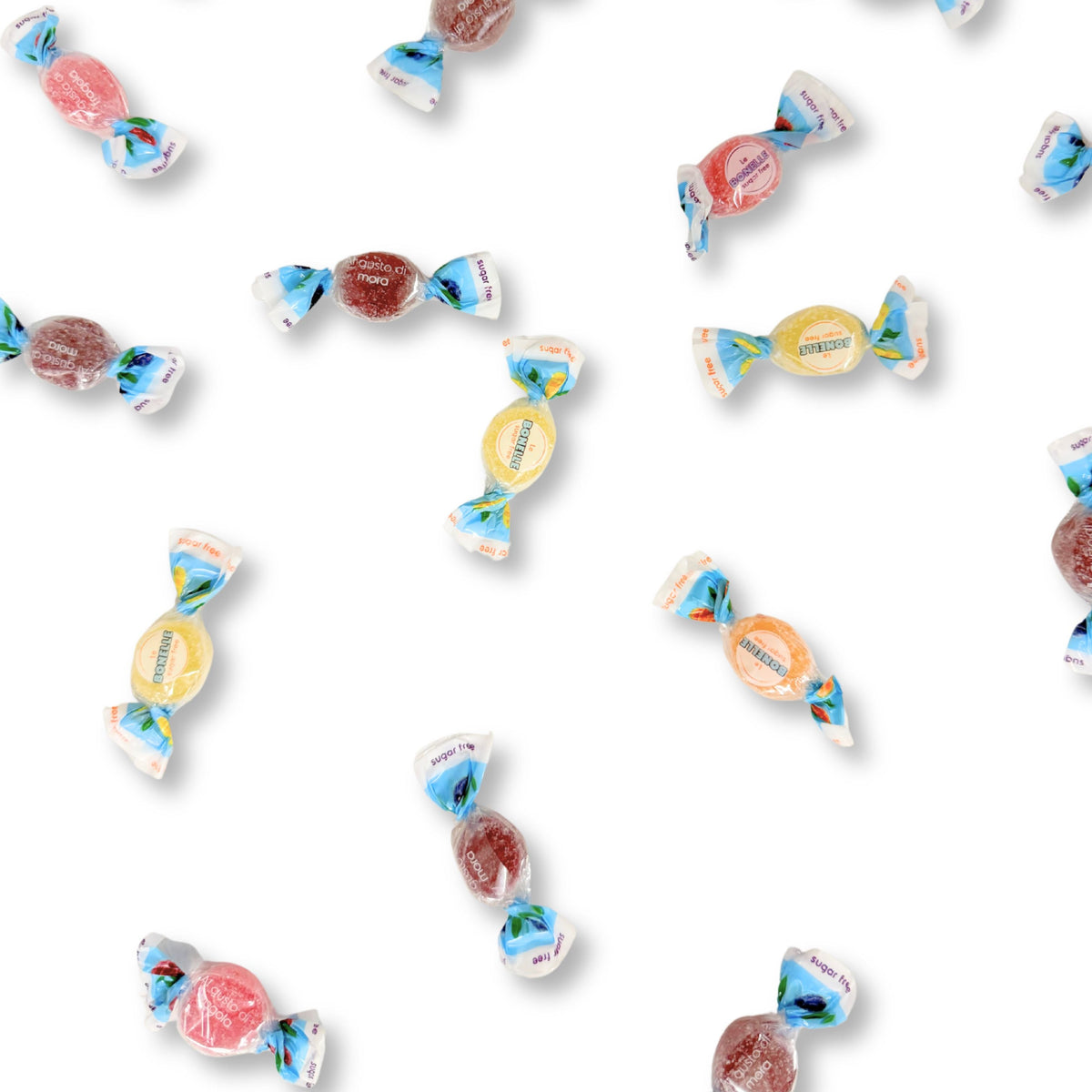 Assorted fruit-flavored Bonelle fruit jelly candies from Candy In Bulk in a clear bulk bag, showcasing colorful, sugar-free gummy candies.