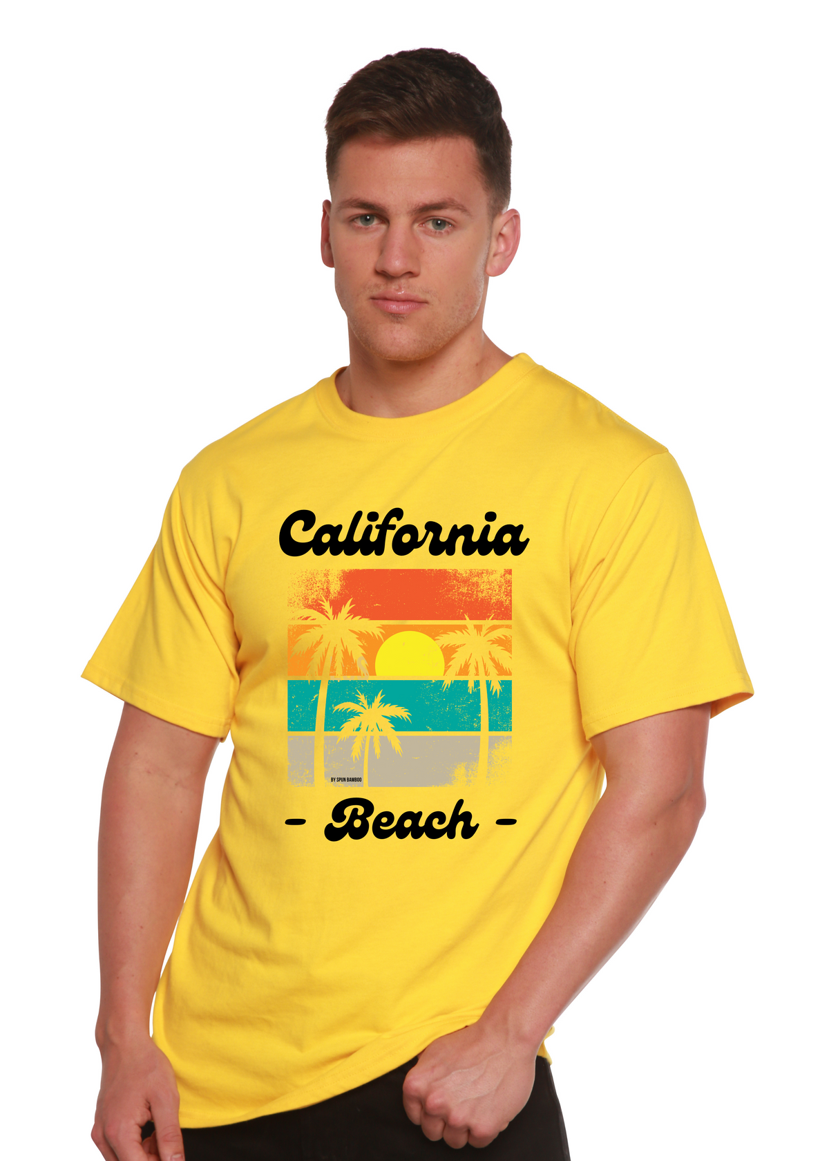 Men's printed graphic T-shirt from Spun Bamboo featuring California Beach design in bamboo viscose and organic cotton fabric.