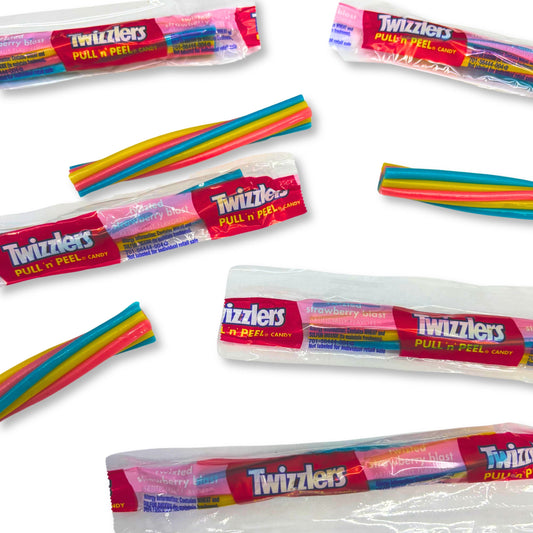 Twizzlers Pull 'n' Peel Strawberry Blast candy in a bulk value bag, showing twisted red strawberry-flavored candy strands.