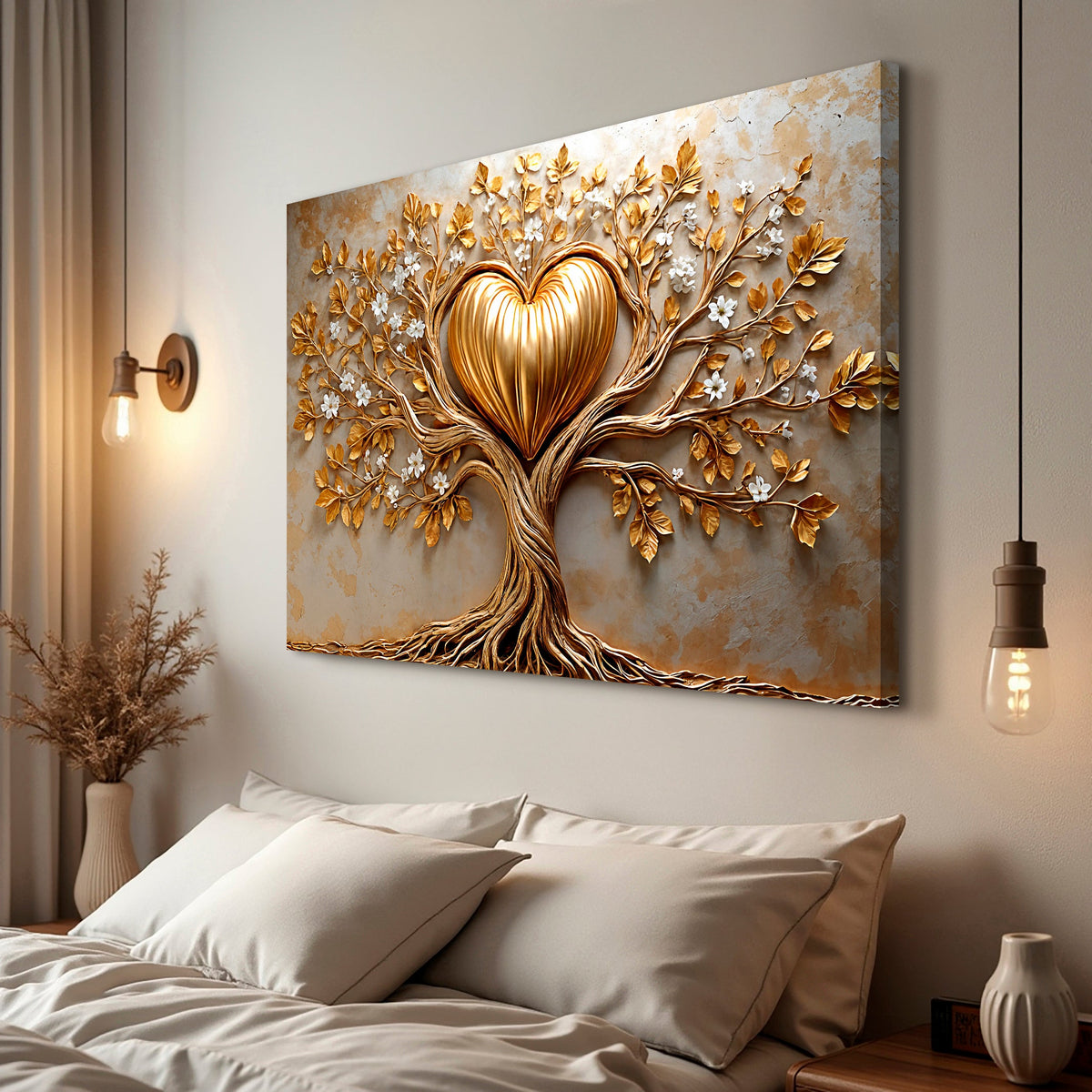 Golden Tree Heart wall art canvas by Tailored Canvases featuring a gold-colored tree and heart design on a textured background.