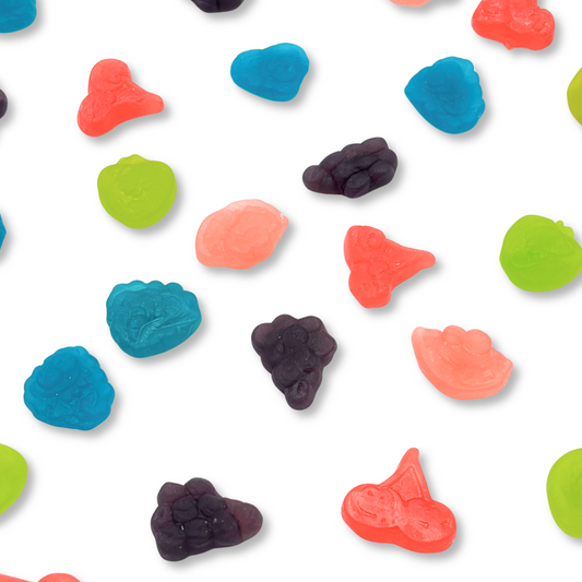 Assorted Jolly Rancher Gummies in a bulk Candy In Bulk bag, colorful fruity gummy candies on a white background.