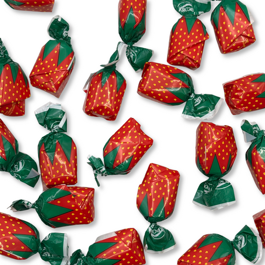 Two strawberry-filled Bon Bons hard candies from Candy In Bulk in a bulk value bag, showcasing red candy with a glossy finish.
