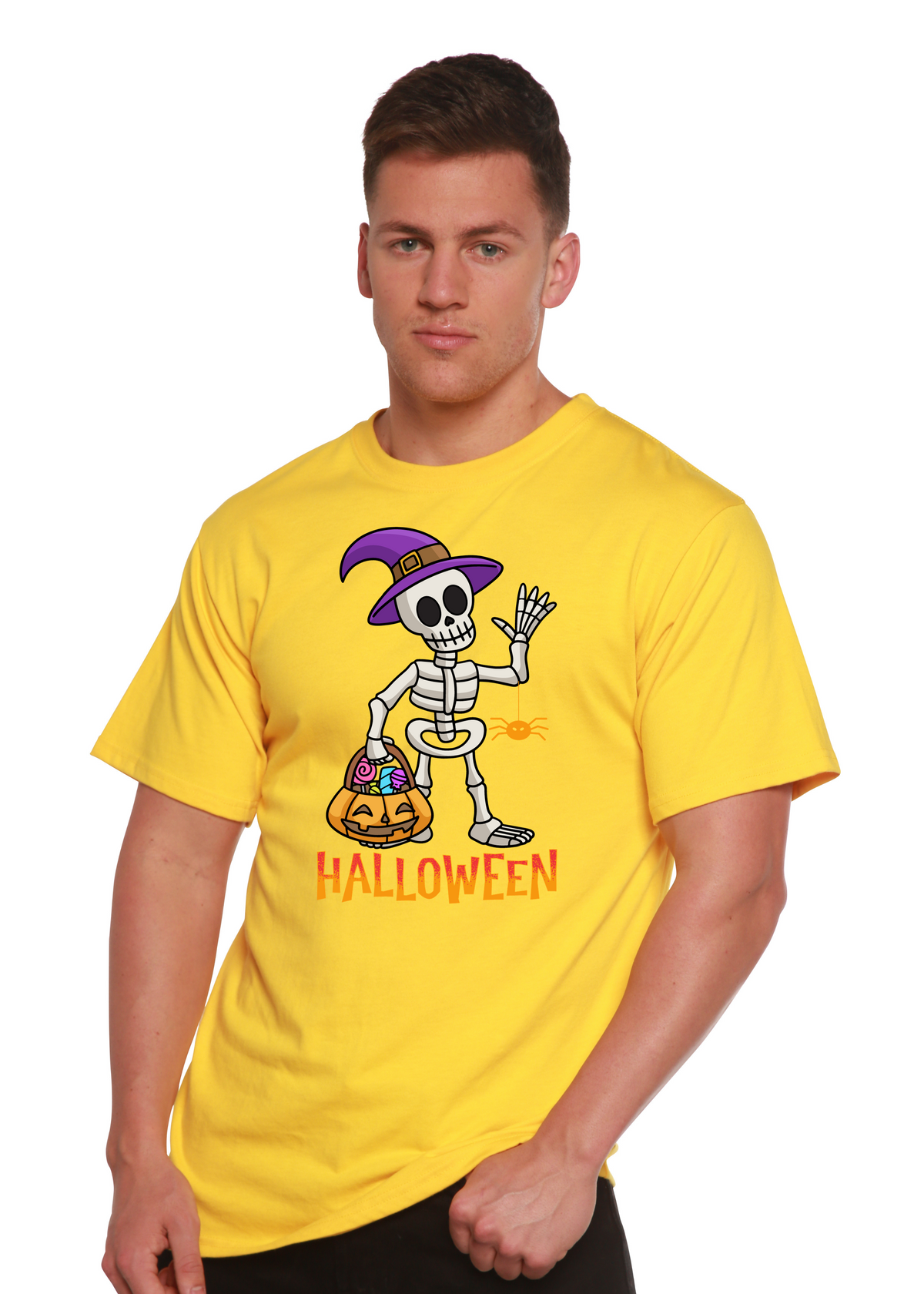 Unisex Happy Halloween graphic T-shirt by Spun Bamboo, short sleeve with Halloween-themed print in bamboo viscose and organic cotton.