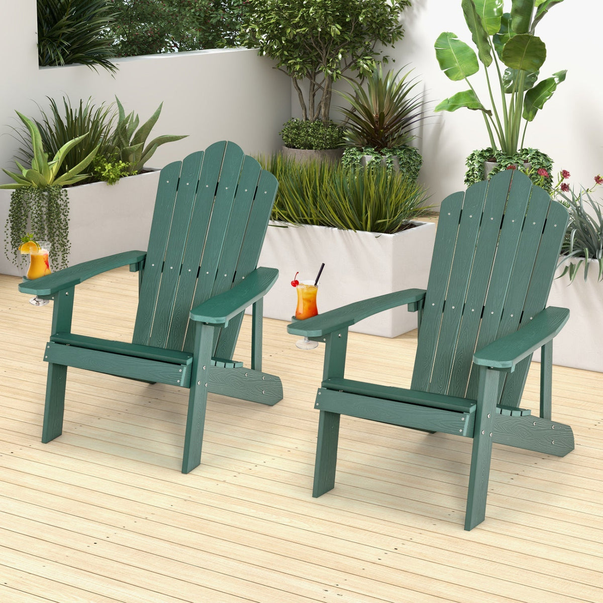 Pair of GBruno Store Adirondack chairs for adults and kids, outdoor patio set with comfortable, rustic wood design.