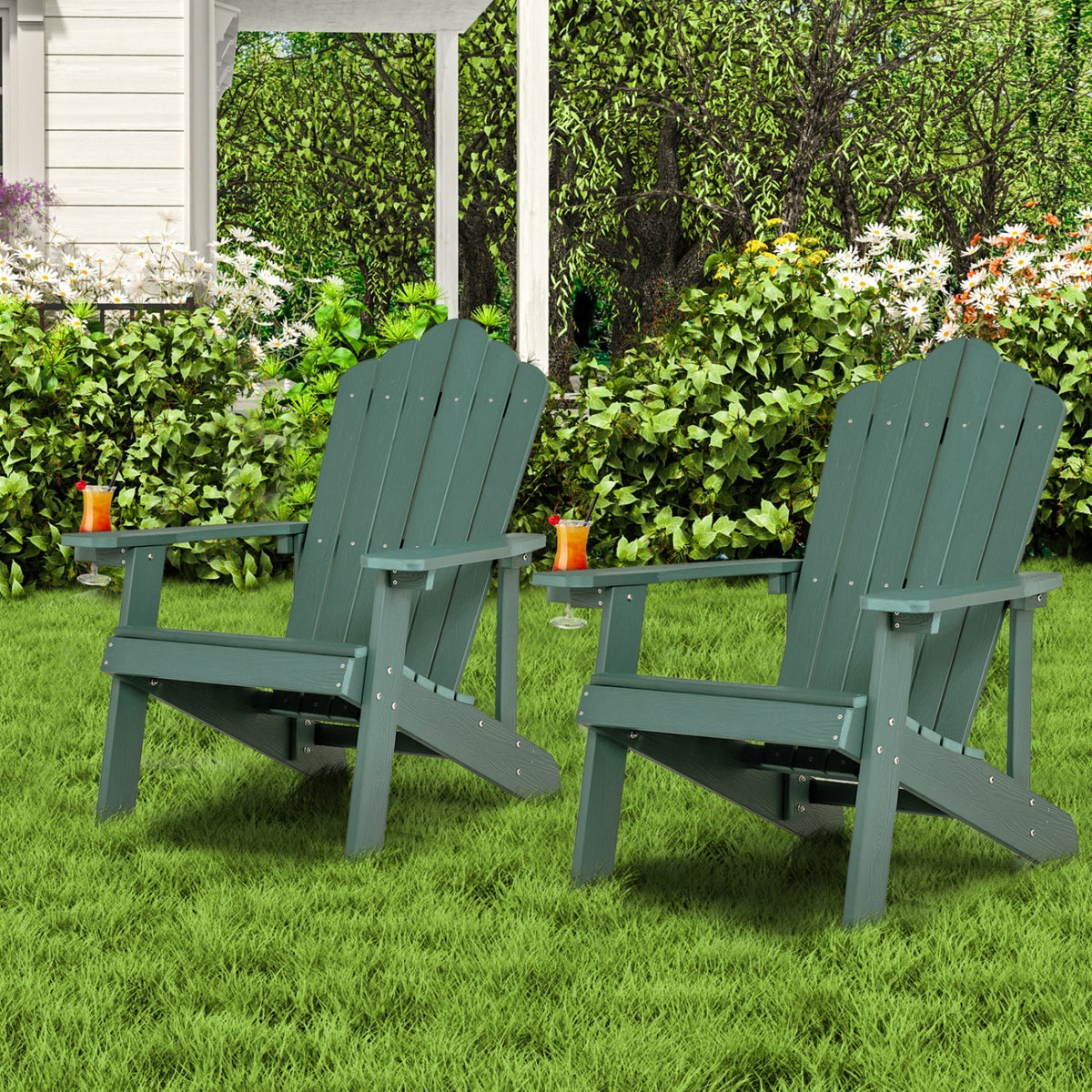 Pair of GBruno Store Adirondack chairs for adults and kids, outdoor patio set, featuring comfortable, weather-resistant wooden seating.