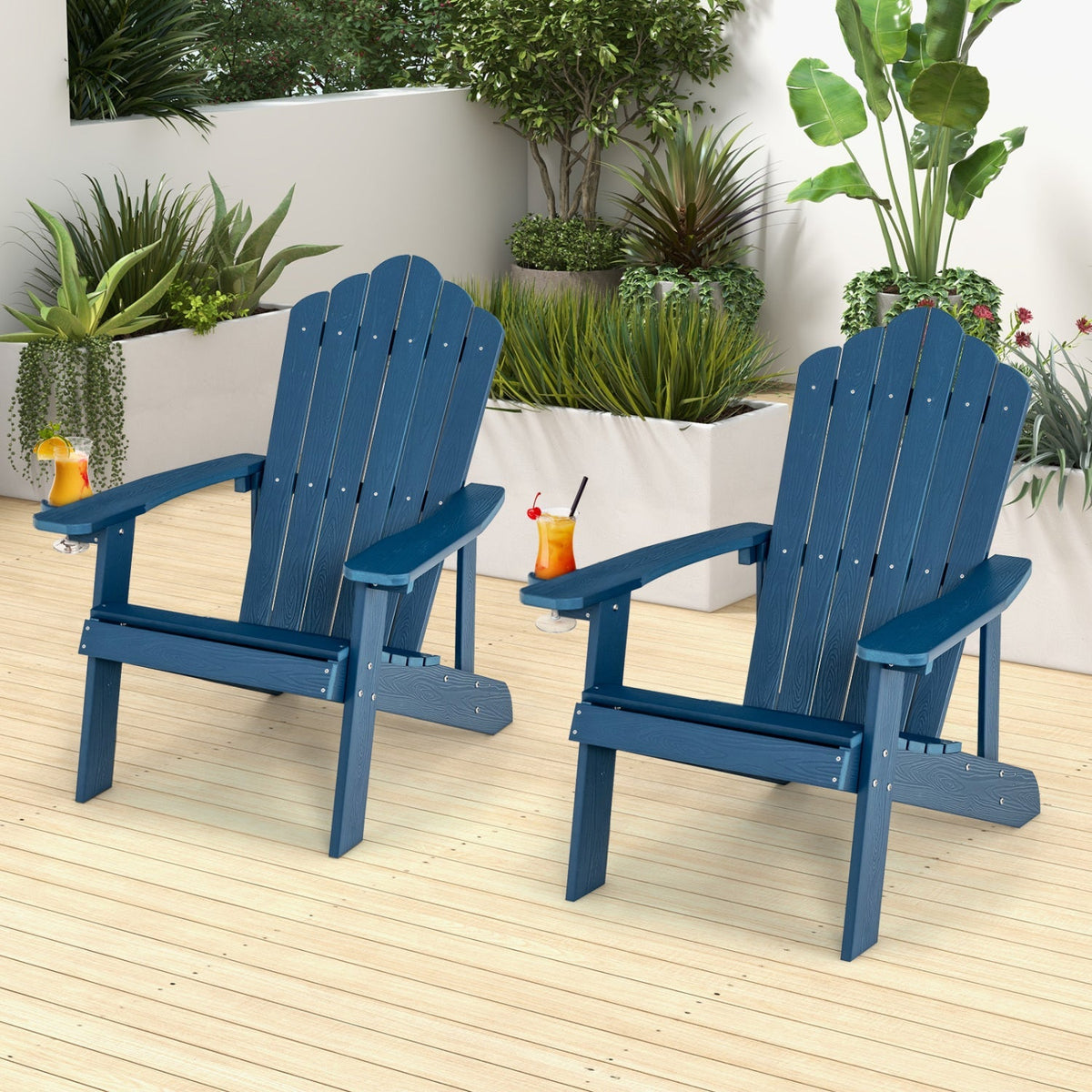 Pair of Adirondack chairs for adults and kids, GBruno Store patio set, featuring comfortable wooden seats with armrests.