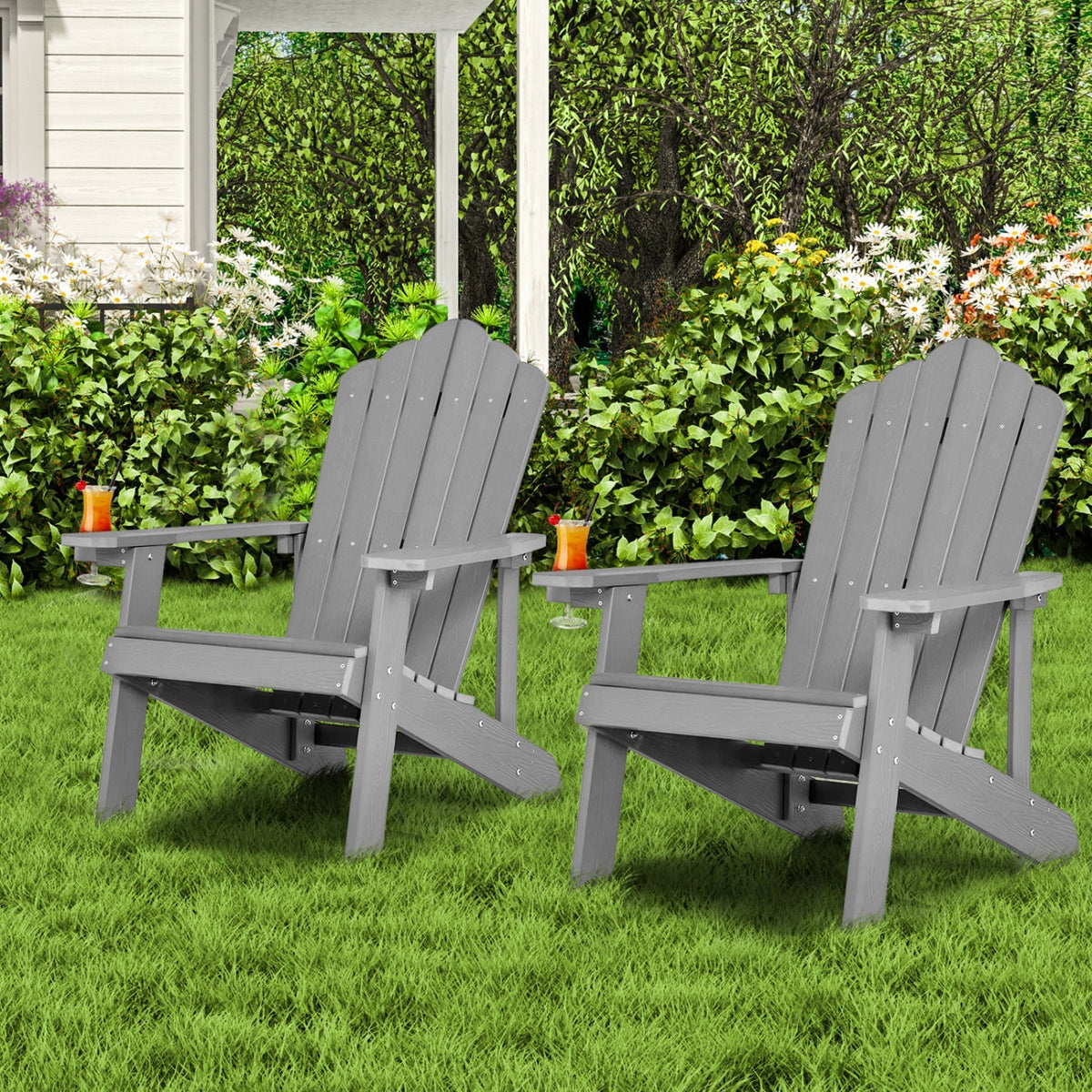 Pair of GBruno Store Adirondack chairs, adult and kids size, ideal for patio outdoor seating, in natural wood finish.