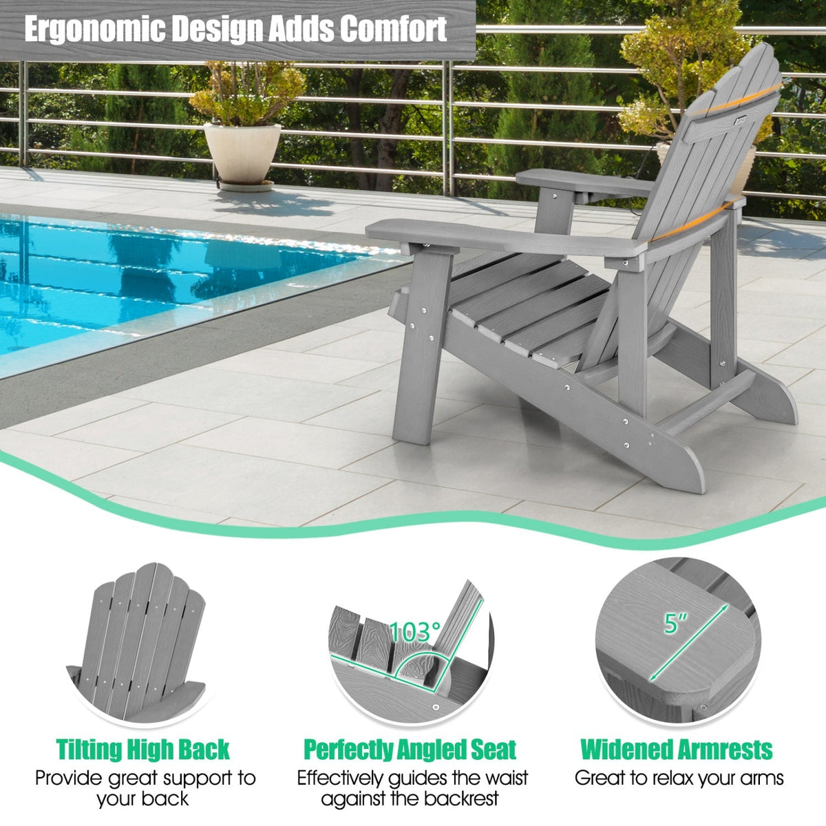 Pair of GBruno Store Adirondack chairs, adult and kids size, outdoor patio set, made of wood with wide armrests and slatted backrests.