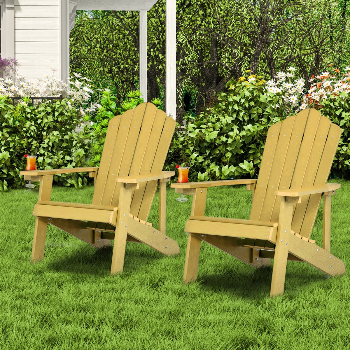 Pair of GBruno Store Adirondack chairs, adult and kids size, perfect for patio relaxation and outdoor seating.