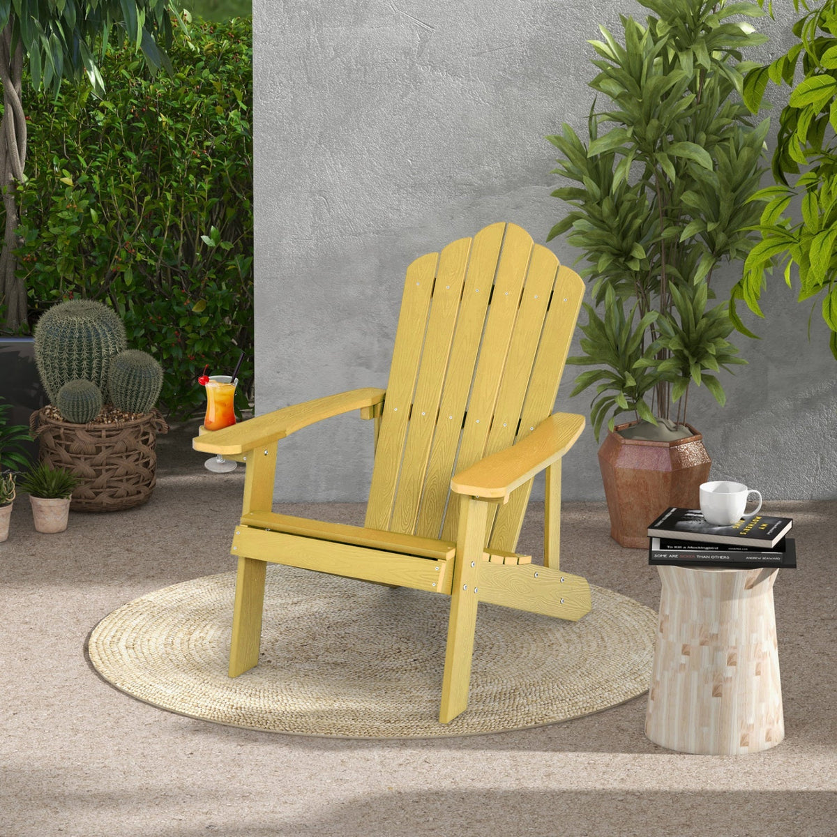 Pair of GBruno Store adult and kids Adirondack chairs for patio, featuring wide armrests and classic design in outdoor wood finish.