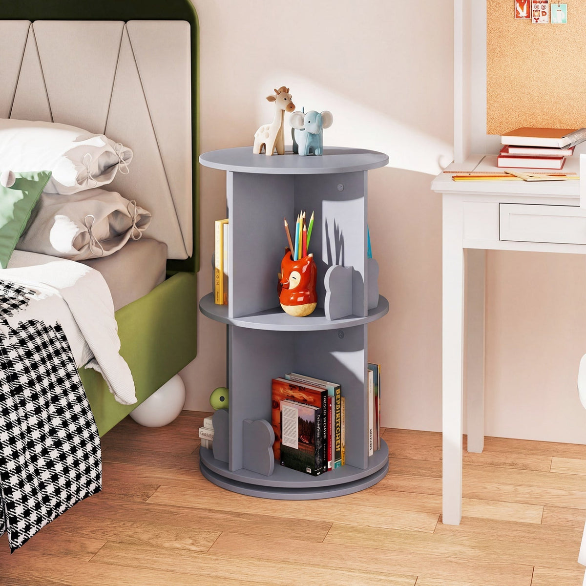 Kids GBruno Store 2-tier rotating bookshelf with bear baffles, freestanding kids bookshelf for organizing books and toys.