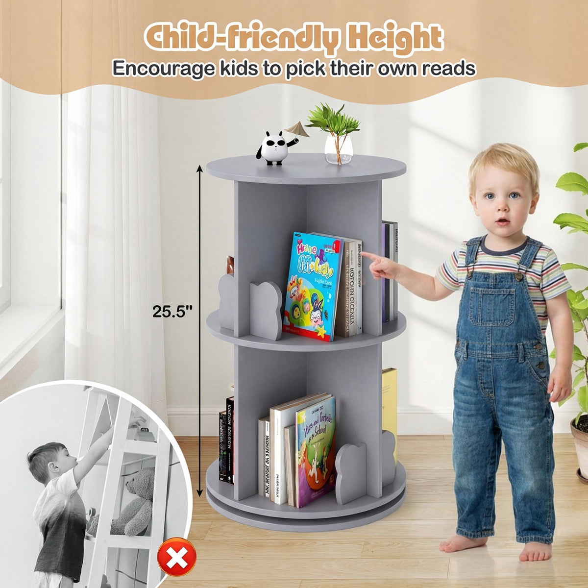 Kids GBruno Store 2-tier rotating bookshelf with bear baffles, freestanding storage rack for children's books and toys.