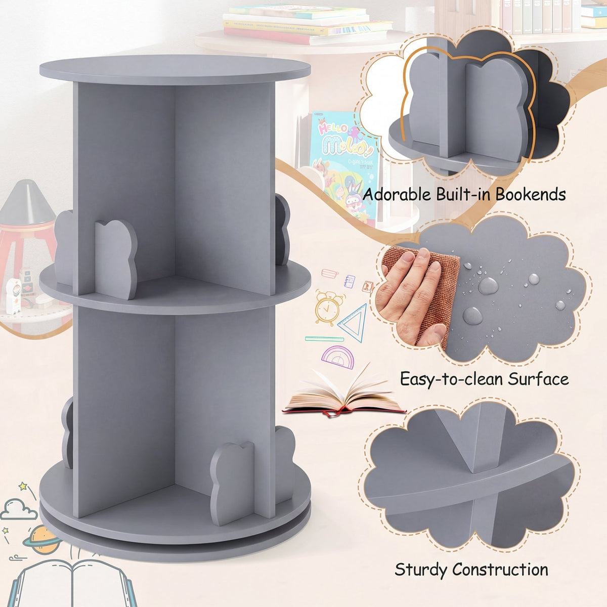 Kids rotating bookshelf by GBruno Store with two tiers and bear-shaped baffles, ideal for children's book storage and display.