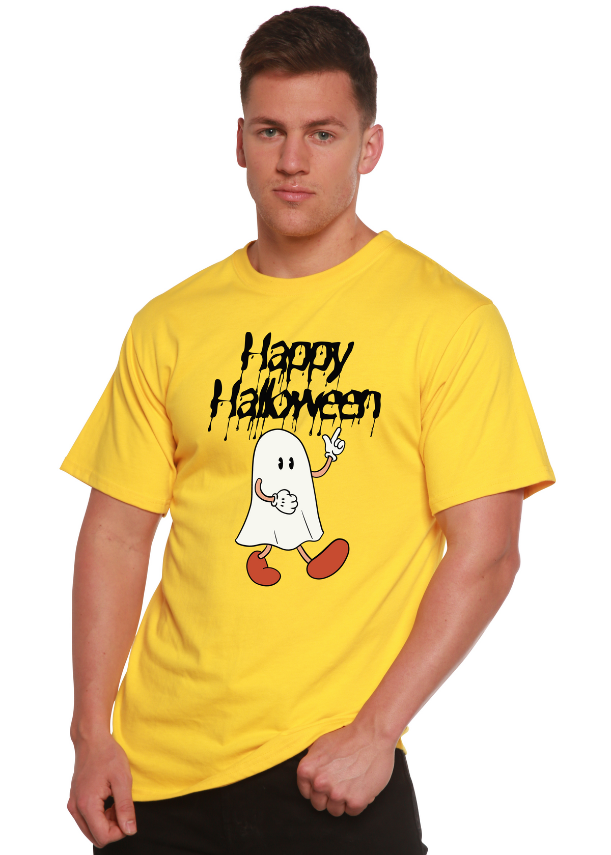 Happy Halloween men's short sleeve graphic T-shirt by Spun Bamboo, featuring Halloween-themed printed design on bamboo viscose and organic cotton.