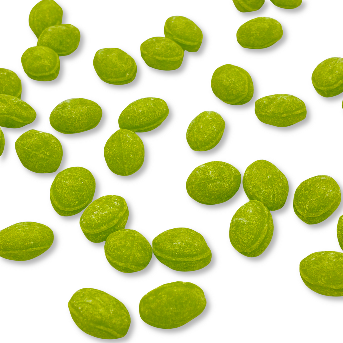 Two green apple flavored Claeys hard candy drops in a bulk value bag from Candy In Bulk, showing bright green candies with a glossy finish.