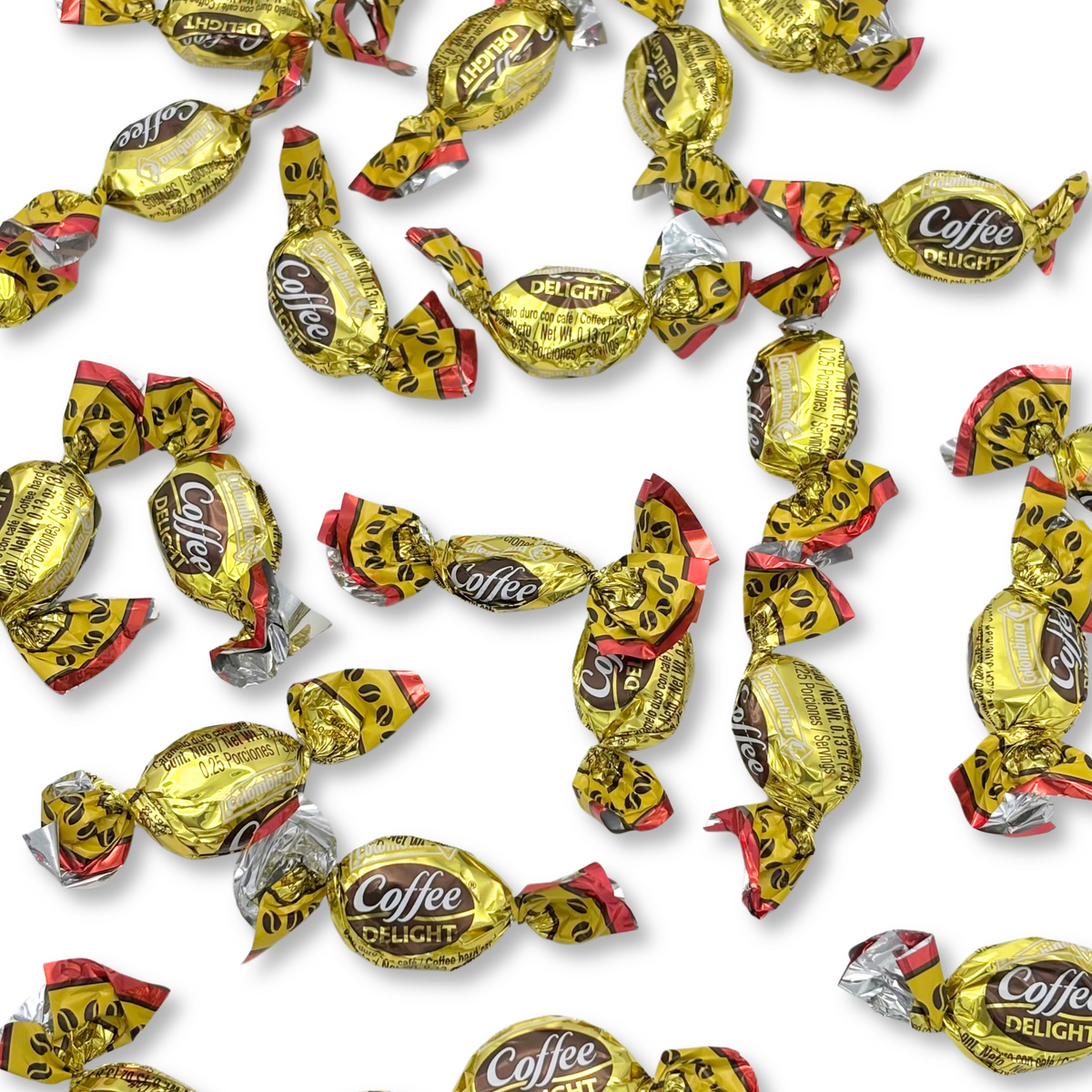 Colombina Coffee Delight coffee-flavored hard candies from Candy In Bulk in a bulk value bag, showing shiny wrapped candies.