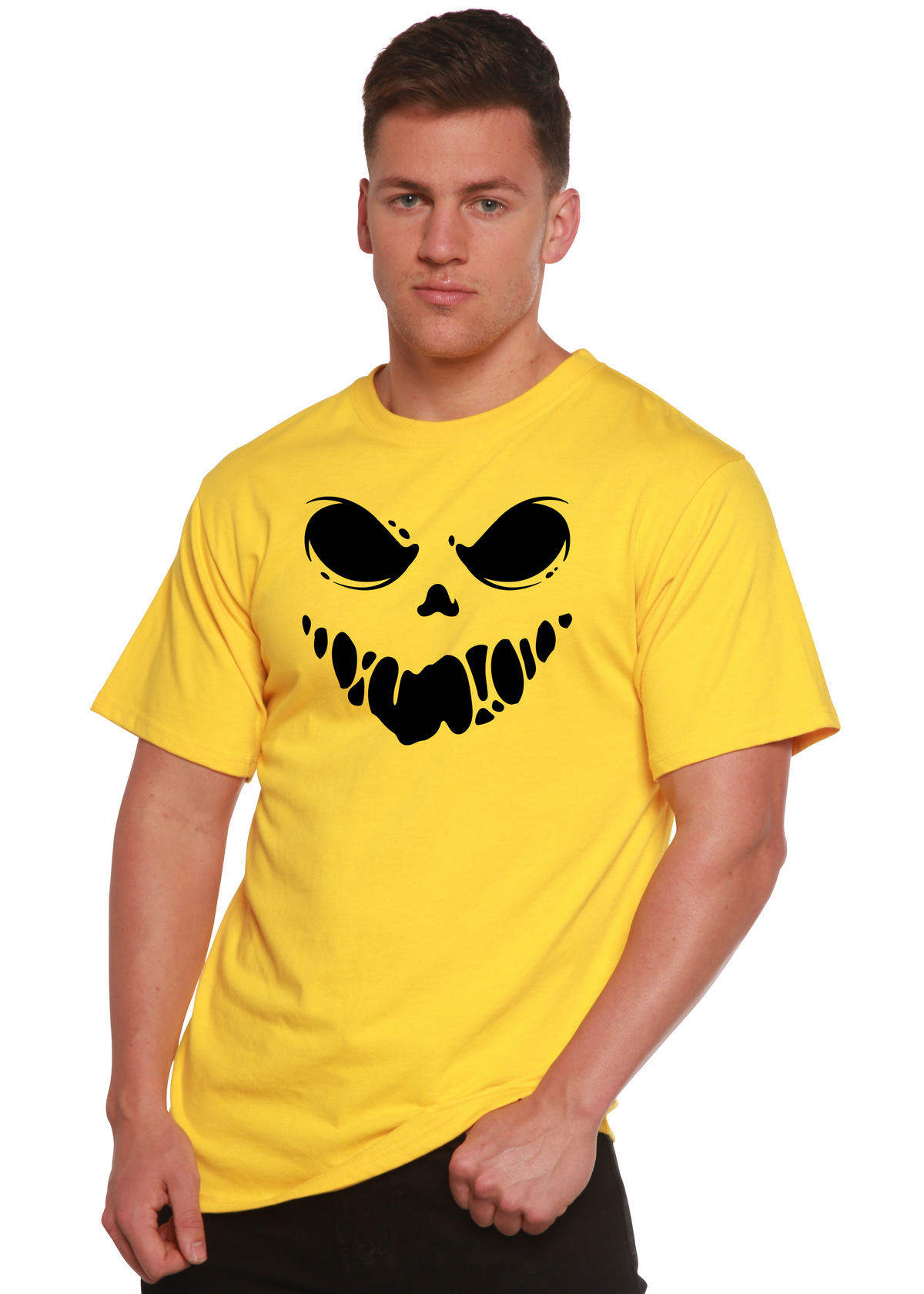 Spun Bamboo Halloween Boo men's short sleeve graphic t-shirt with spooky print made from bamboo viscose and organic cotton.