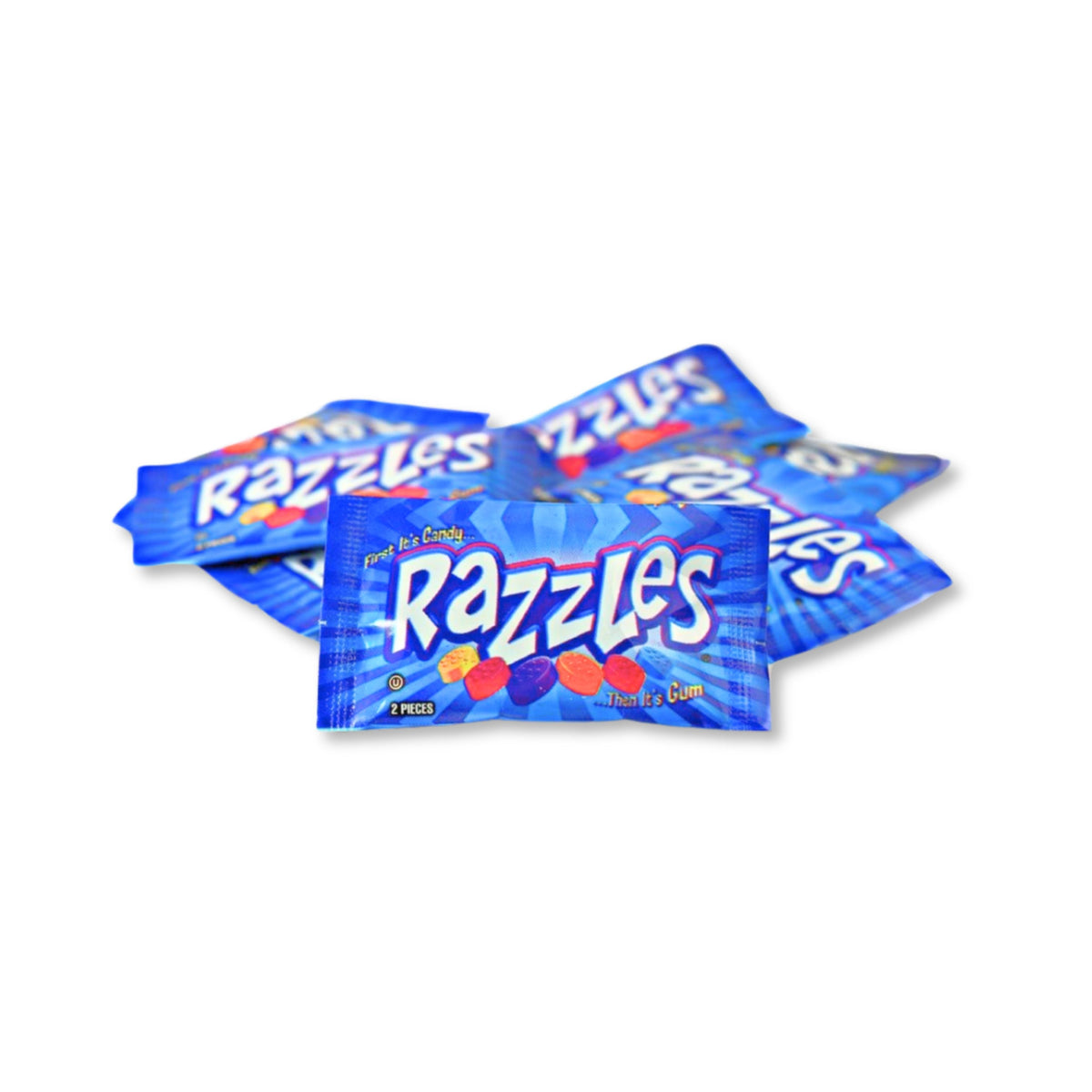 Assorted fruit-flavored Razzles Original Candy Gum in a bulk bag, showing colorful gum pieces with fruit designs.