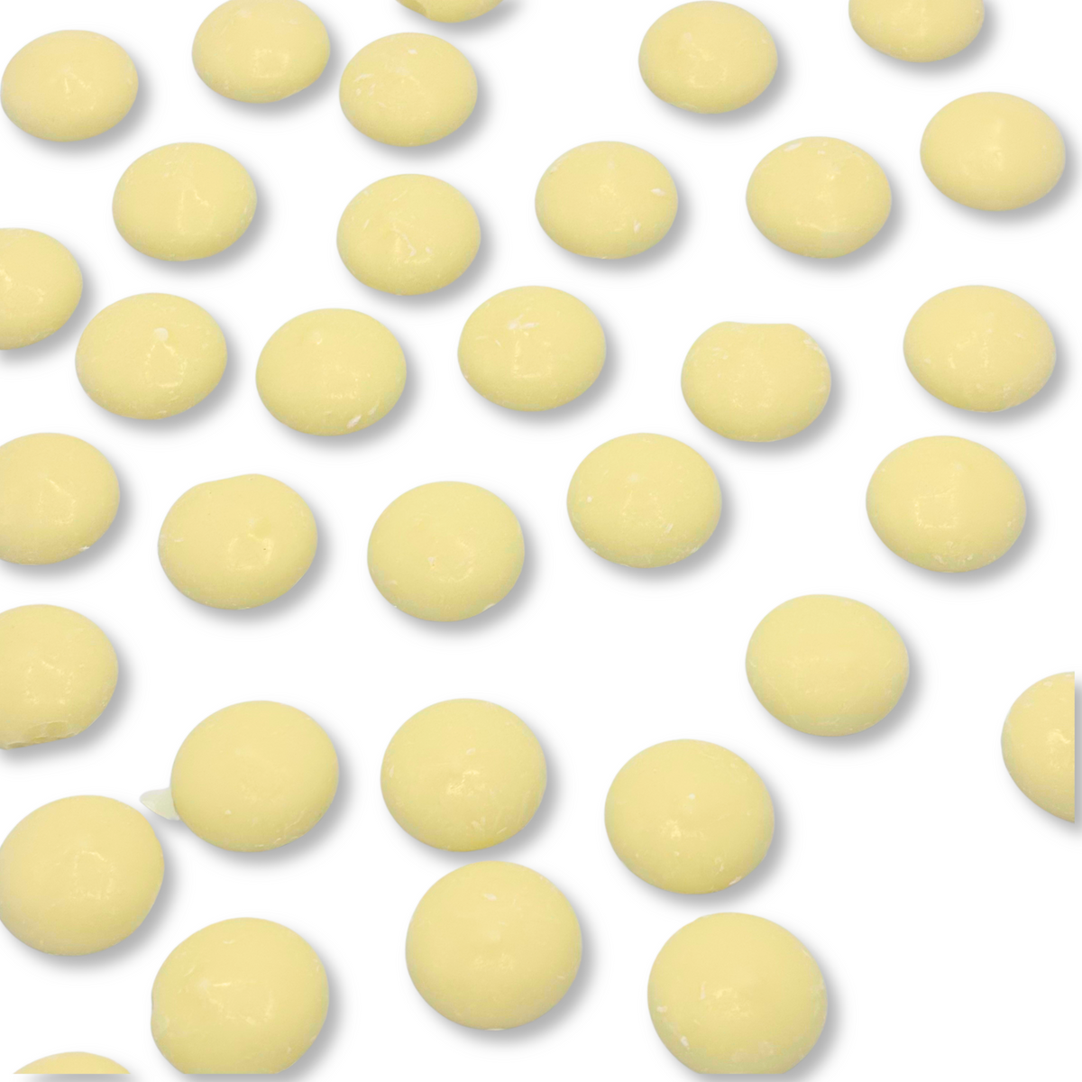 White vanilla-flavored Candy In Bulk chocolate coating and melting wafers in a large bulk bag, ideal for confectionery and baking.