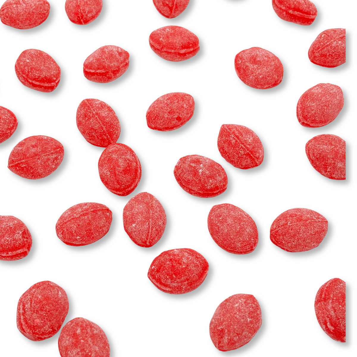 Claeys Wild Cherry Sanded Drops hard candy in bulk, showing colorful cherry-flavored candies with sugar coating in a clear bag.