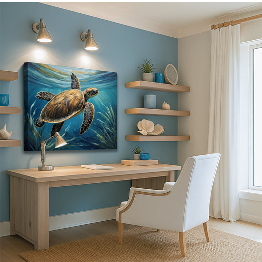 Canvas wall art featuring a turtle in seagrass, designed by Tailored Canvases, perfect for coastal-themed interior decor.