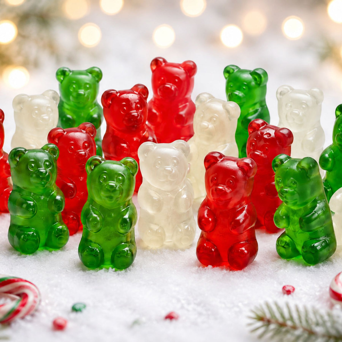Assorted Christmas Gummi Bears in red, white, and green from Candy In Bulk in a large value bag.
