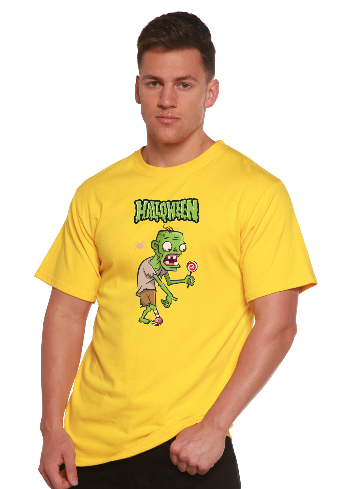 Green monster Halloween T-shirt for men by Spun Bamboo, short sleeve graphic tee made from bamboo viscose and organic cotton.