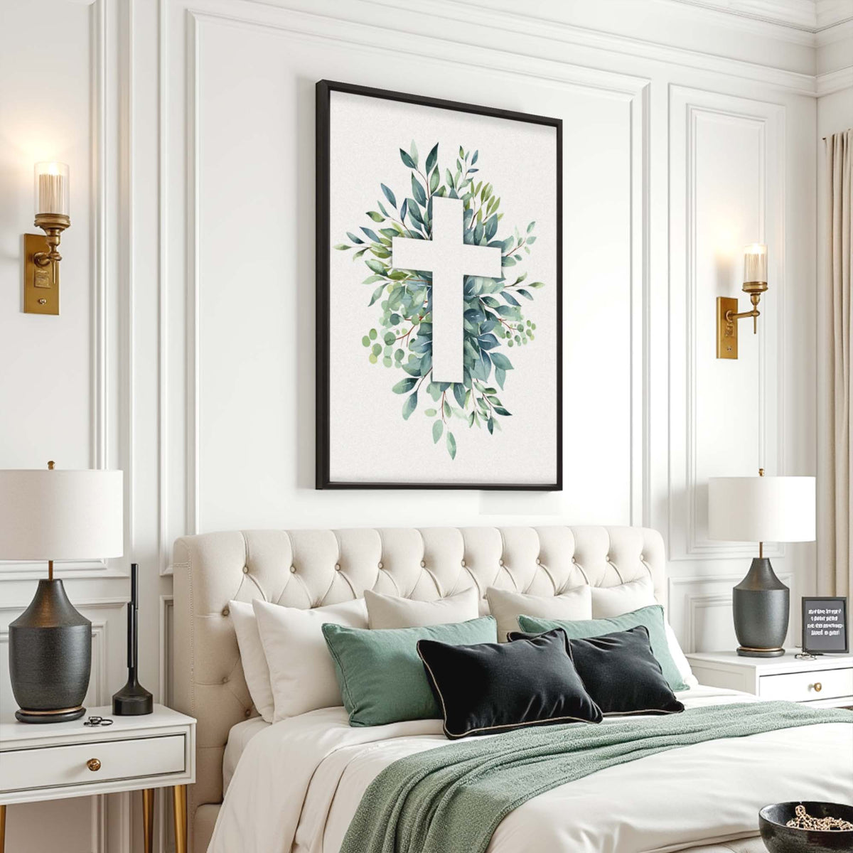 Canvas wall art featuring an evergreen cross design by Tailored Canvases, suitable for faith-inspired home decor.