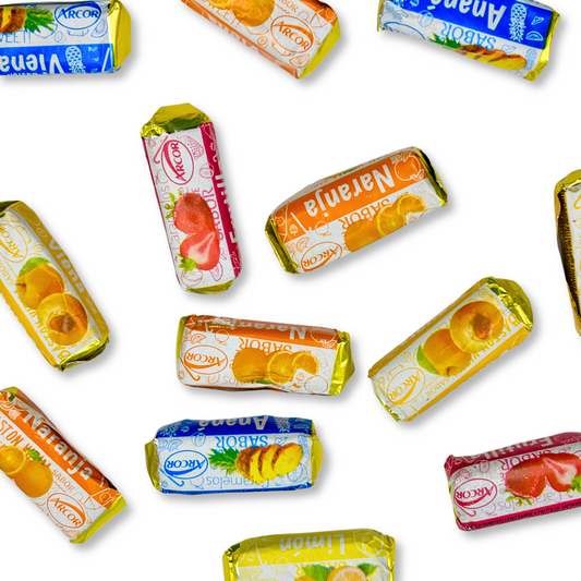Assorted Arcor Vienna Fruit Filled hard candies in a bulk value bag from Candy In Bulk, colorful fruit-filled candy pieces.