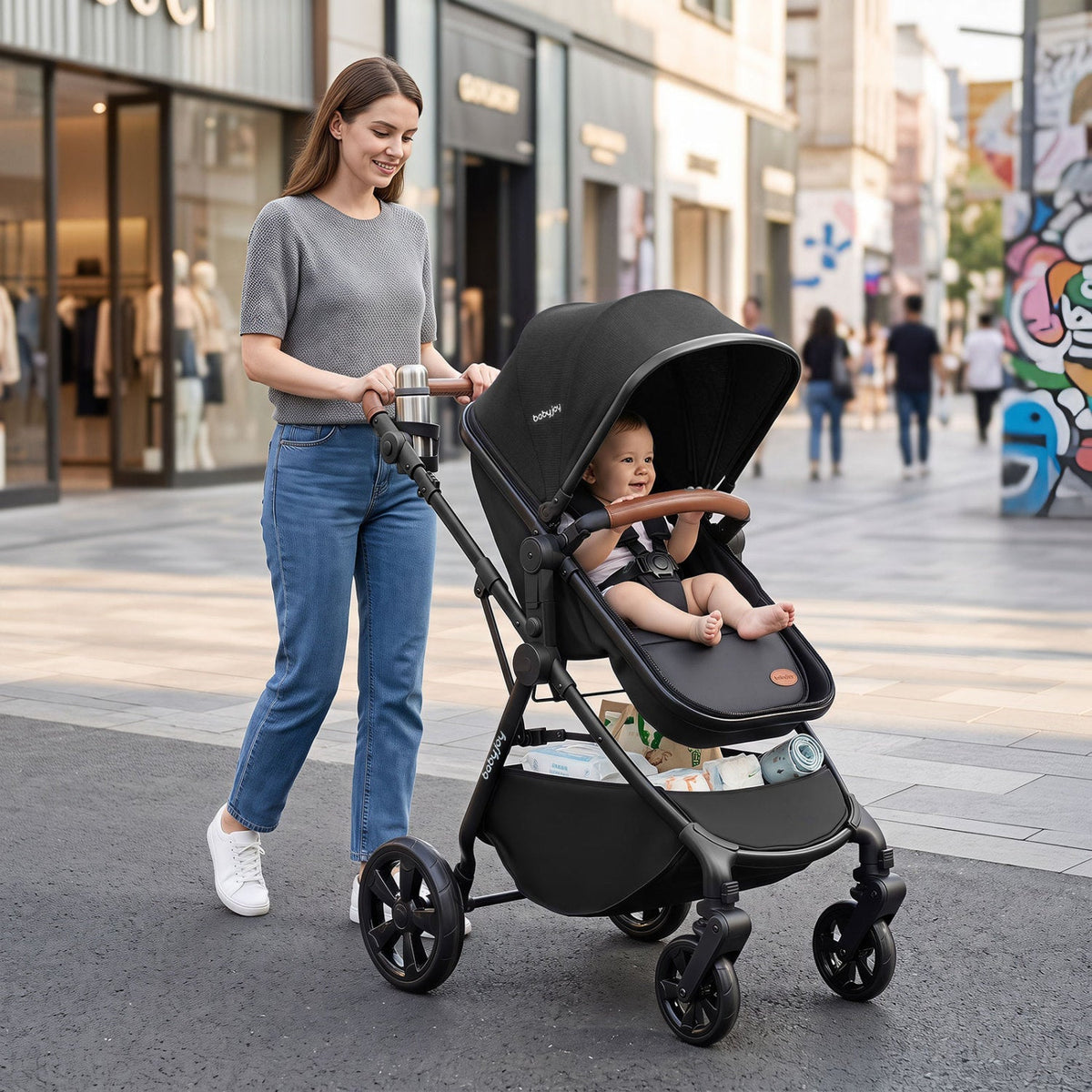 GBruno Store 2-in-1 convertible baby stroller with car seat adapters, lightweight frame, and adjustable handlebar.