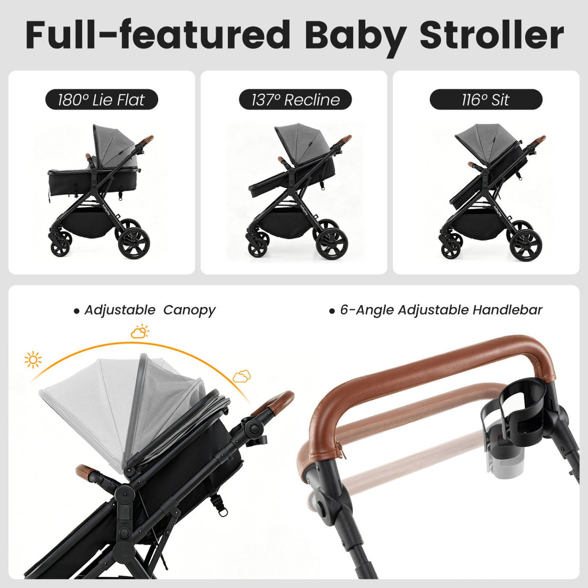GBruno Store 2-in-1 convertible baby stroller with car seat adapters, featuring adjustable handle and compact fold design.