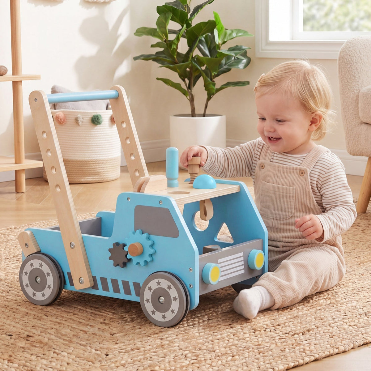 Wooden baby walker by GBruno Store with adjustable speed and storage, featuring a sturdy design and smooth wheels for toddler mobility.