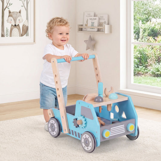 Wooden baby walker with adjustable speed and storage compartments, GBruno Store 2-in-1 baby walker for toddlers and early walkers.