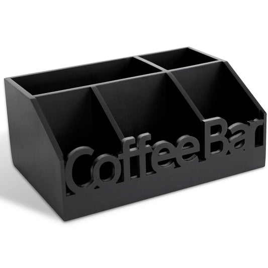 Wooden ADDFIT HOUSE Coffee Bar Organizer with compartments for coffee, tea, and accessories on a countertop.