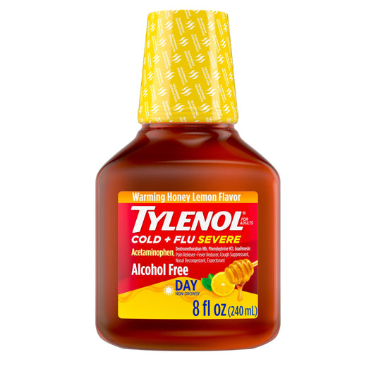 Bottle of Tylenol Severe Cold & Flu Relief Honey Lemon syrup in 8oz container, designed for cold and flu relief.