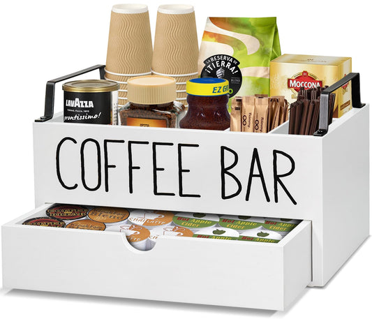 Wooden coffee station organizer with drawer and handle, designed for coffee bar accessories and K-cup storage on farmhouse counters.