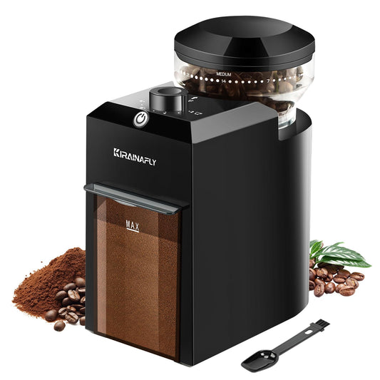 KIRAINAFLY electric burr coffee grinder in black with adjustable settings and 28 grind levels for French press, drip, and espresso brewing