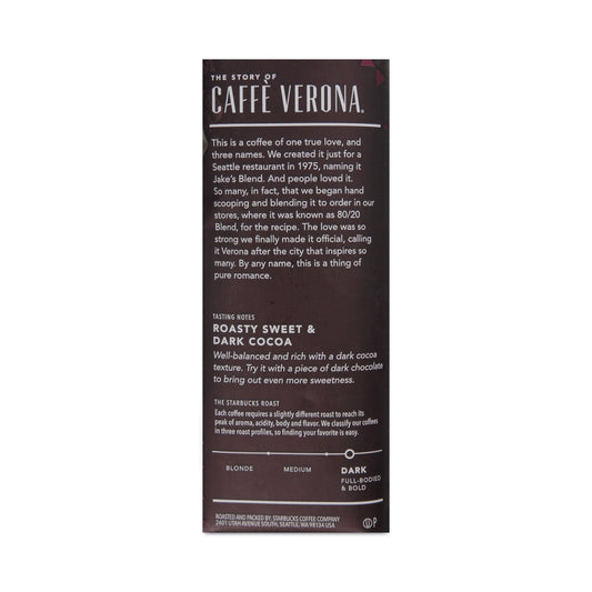 Starbucks Caffe Verona ground coffee in 1lb bag, bulk ground coffee by 2xSavings, dark roast with rich, bold flavor.