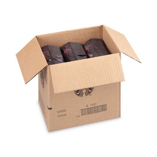 Starbucks Caffe Verona bold whole bean coffee in a 1 lb bag, shown in a carton of six bags, by 2xSavings.