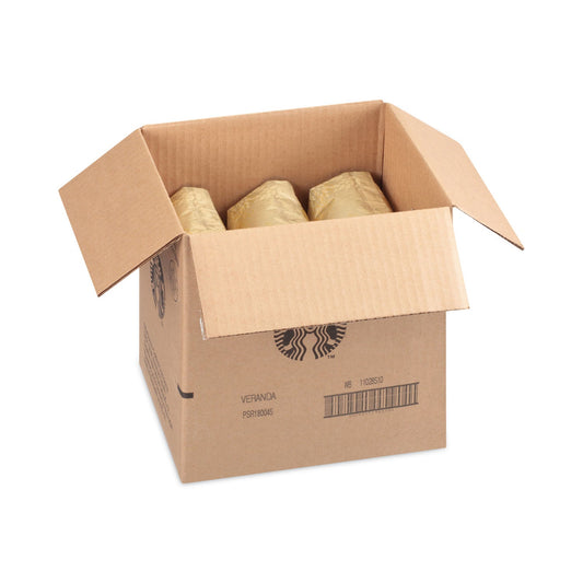Starbucks Veranda Blend whole bean coffee in 1 lb bag, shown in a 6-pack carton, with the coffee bag displaying the Starbucks logo.