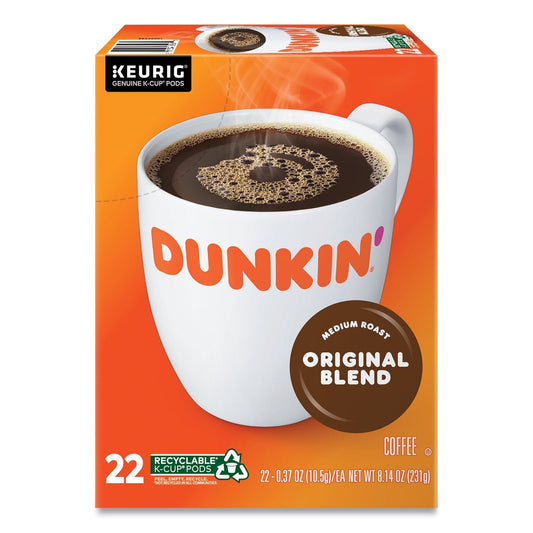 Dunkin Donuts Original Blend K-Cup Pods for coffee makers, 22-count box, 2xSavings brand, featuring the coffee cup and packaging